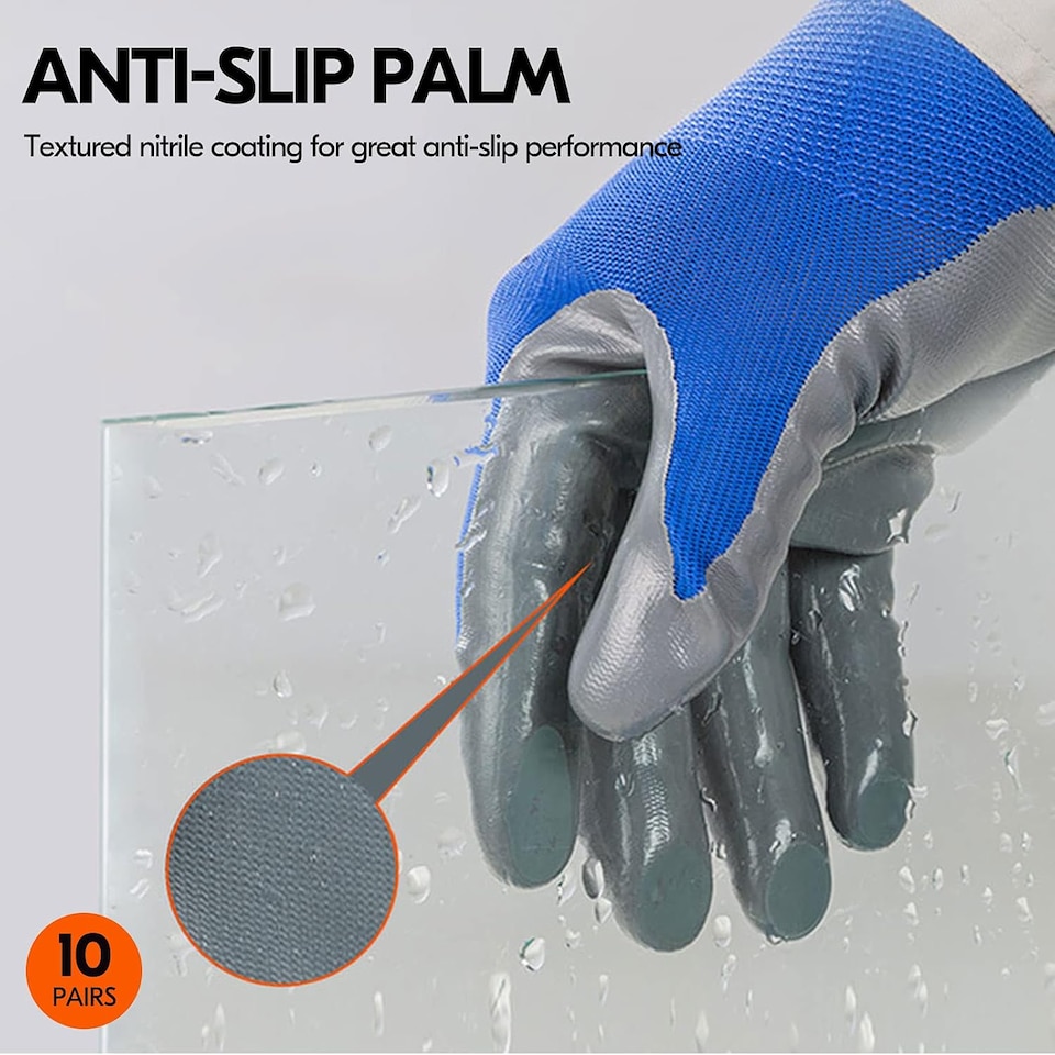 image 1 of Pack of 10 Nitrile Coated Safety Work Gloves | Protective Grip Gloves for Construction, Gardening, DIY & Warehouse Work | Reusable Breathable Work Gloves