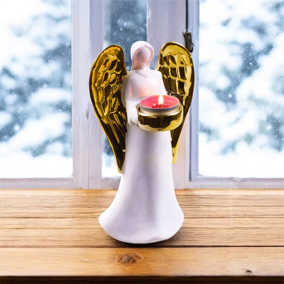 image 1 of Gold Wings Standing Ceramic Angel Tealight Holder
