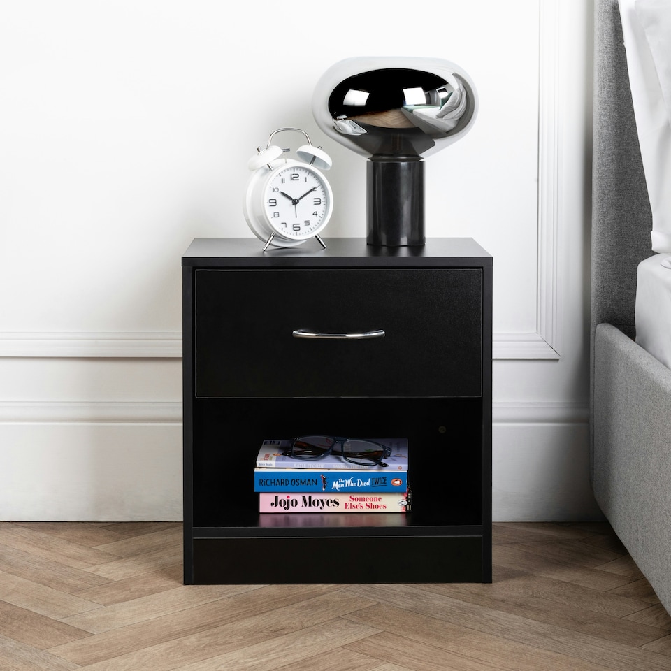 image 1 of Chest Of 1 Drawers Bedroom Wooden Furniture Bedside Wood Cabinet Storage Side Table - Black