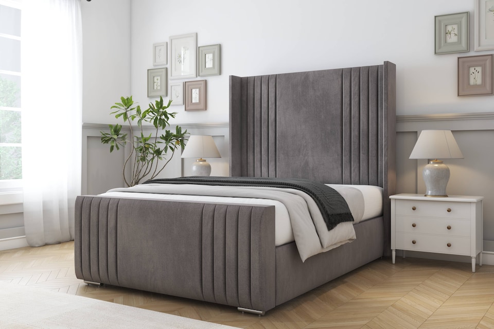 image 1 of Sloomy Camden Slate Naples Bed Frame With 50"  Upholstered Wingback Headboard 4' Small Double