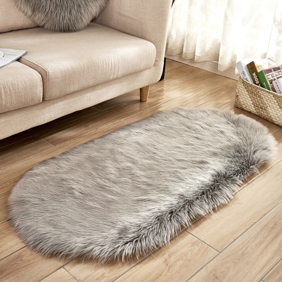 image 1 of Living and Home Oval  Soft Shaggy Area Rug, Grey, 180cm L x 100cm W