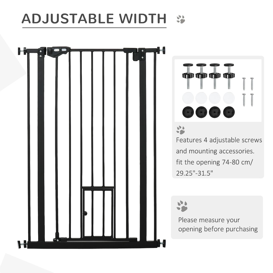 image 1 of PawHut Extra Tall Dog Gate with Cat Door Auto Close for Stairs 74-80 cm Wide