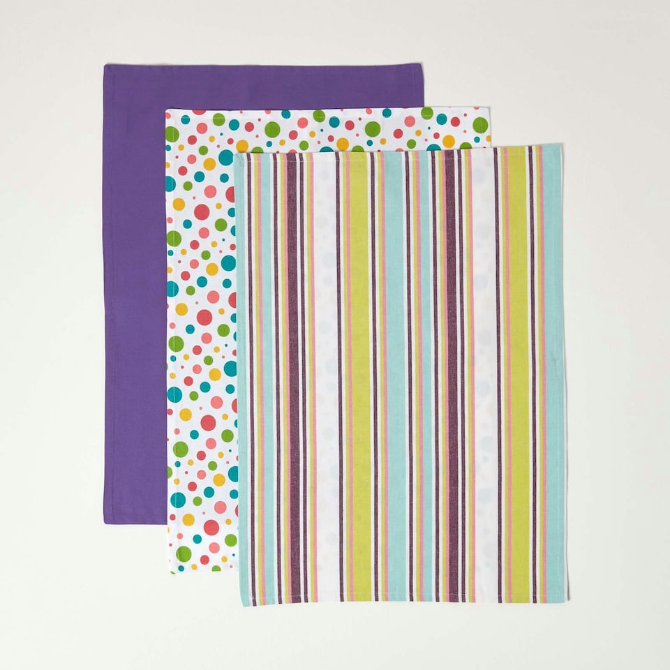 image 1 of Homescapes Osaka Purple Stripe Cotton Tea Towels Set Of Three
