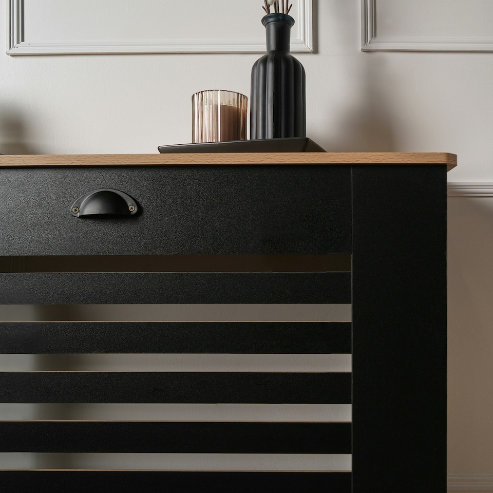image 1 of OHS Horizontal Slatted MDF Modern Grill Shelf Cabinet Radiator Cover, Medium - Black