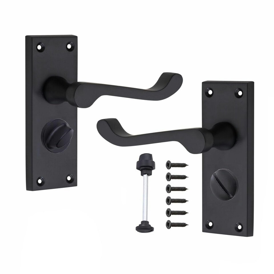 image 1 of Golden Grace Victorian Scroll Privacy Door Handle in Matt Black Finish with 3" Ball Bearing Hinges & 2.5" Tubular Latch - 120mm x 40mm Backplate Black