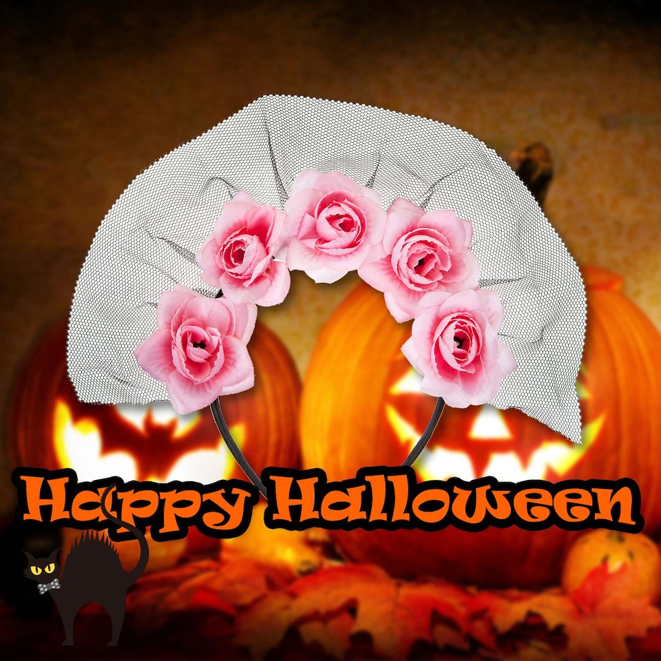 image 1 of vfm-estore Halloween Veil Headband 5 Roses Design, Pink - Party Costume Accessory