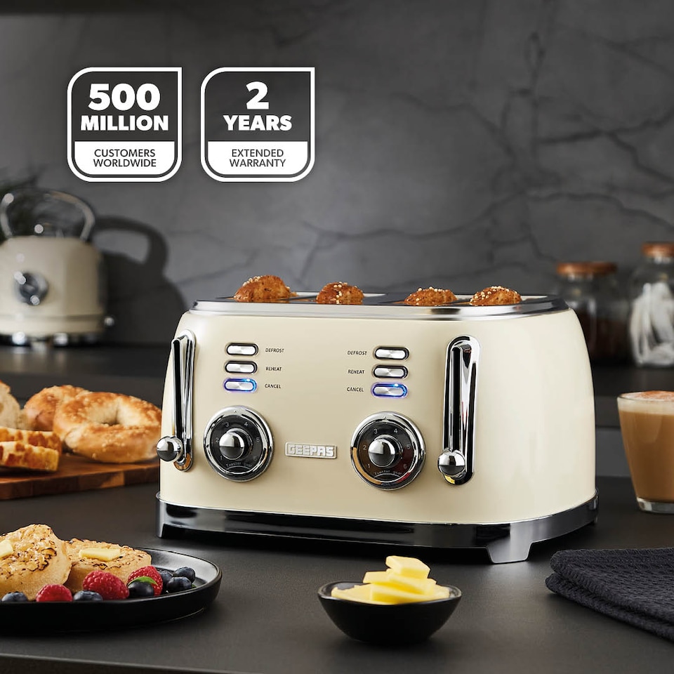 image 1 of GEEPAS 1.7L Electric Kettle & 4 Slice Bread Toaster Kitchen Combo Set | Cream Retrovive | Cream