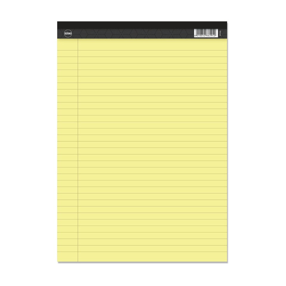 image 1 of Pack of 10 Rhino A4 50 Leaf Yellow Paper 8mm Lined with Margin Legal Pads