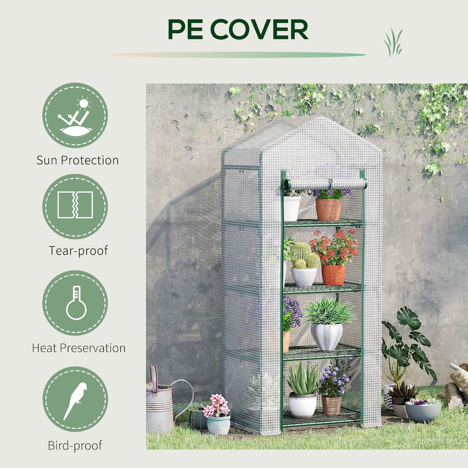 image 1 of Outsunny Mini Greenhouse 4-Tier Portable Plant House Shed w PE Cover, Green