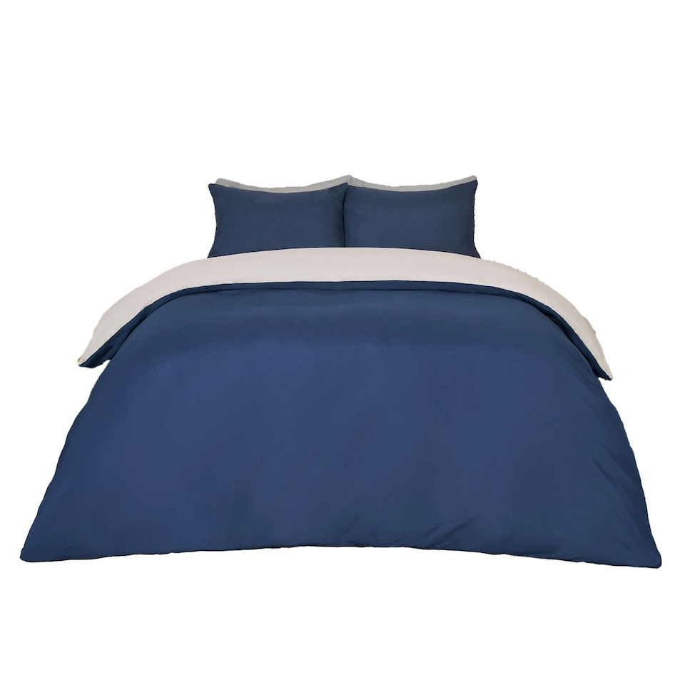 image 1 of OHS Microfibre Reversible Plain Duvet Cover and Pillowcase Set, Single - Grey/Navy Blue