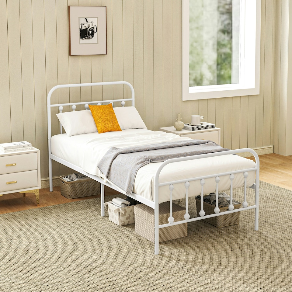 image 1 of HOMCOM 3ft Metal Single Platform Bed Frame w/ Underbed Storage Headboard White