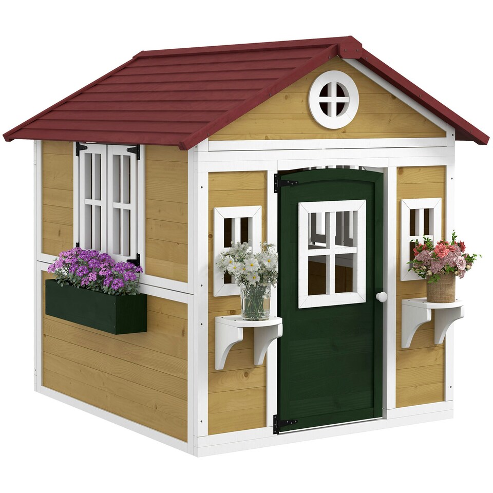 image 1 of Outsunny Wooden Playhouse with Doors, Wooden, Plant Pots for Kids - Beige