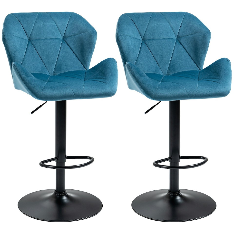image 1 of HOMCOM Set Of 2 Luxurious Velvet-Touch Bar Stools Metal Frame Footrest Blue