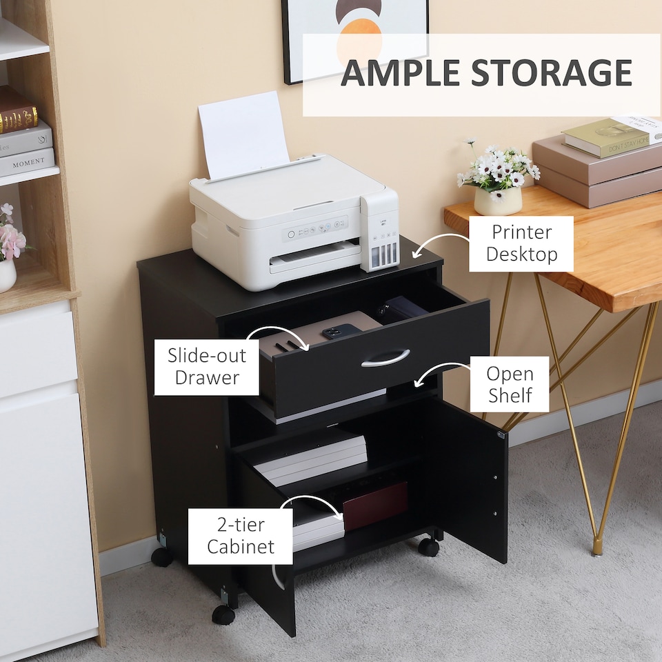 image 1 of Vinsetto Printer Stand Mobile Printer Cabinet with Storage, Open Shelf, Drawer for Home Office, 60cm x 39cm x 80cm, Black
