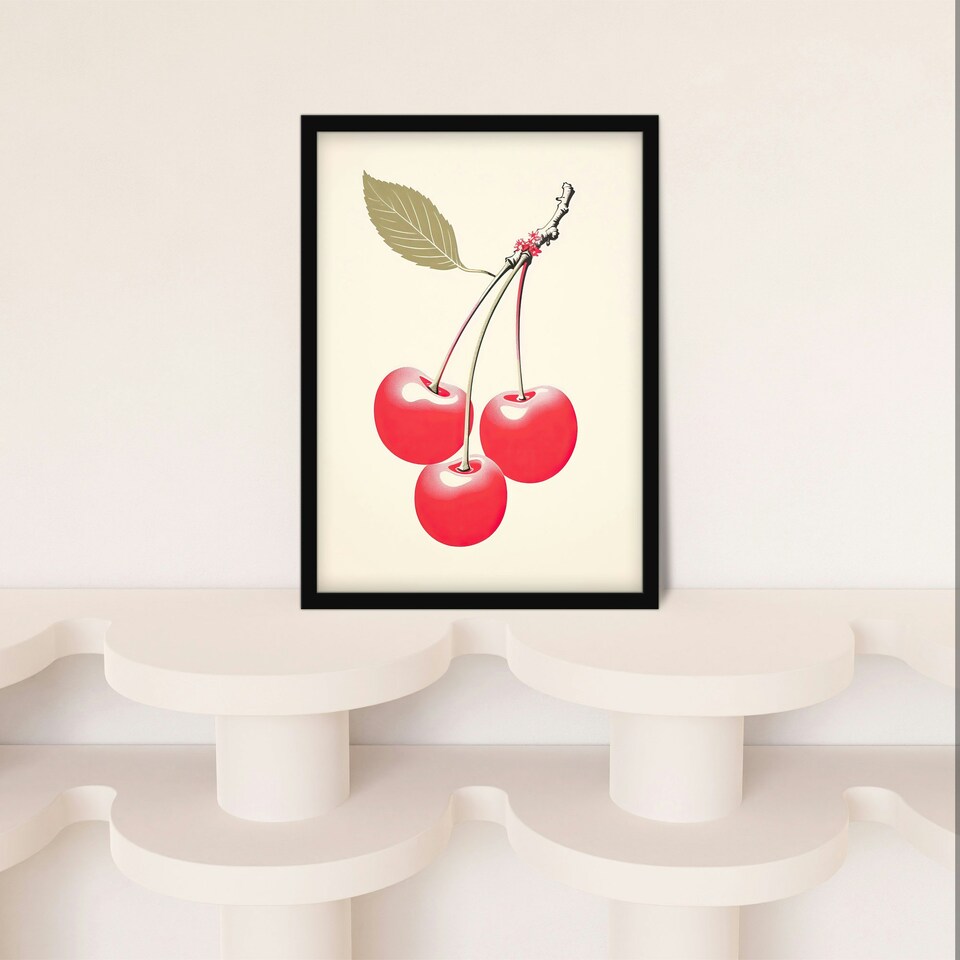 image 1 of Red Smudge Cherries On Stem Leaf Bright Pink Kitchen Black Framed Wall Art Print A4