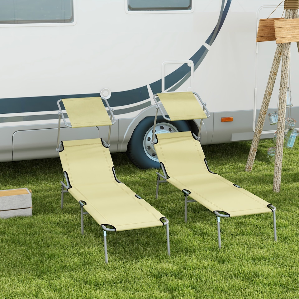 image 1 of Outsunny Folding Sun Lounger Set of 2 w/ Sunshade Adjustable Backrest Beige
