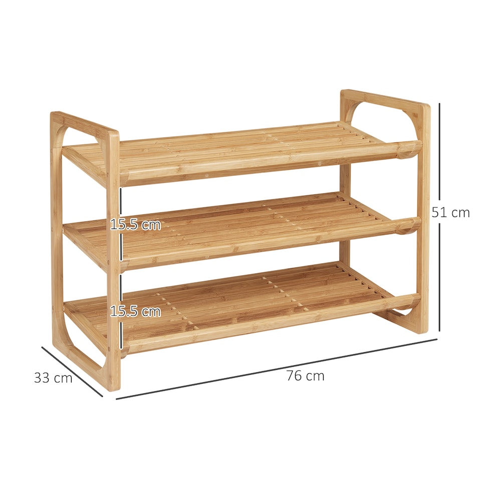 image 1 of HOMCOM 3-Tier Shoe Rack, Bamboo Shoe Storage Organizer with Slatted Shelves, Free Standing Shoe Shelf Stand for 9 Pairs of Shoes for Entryway, Hallway, Natural
