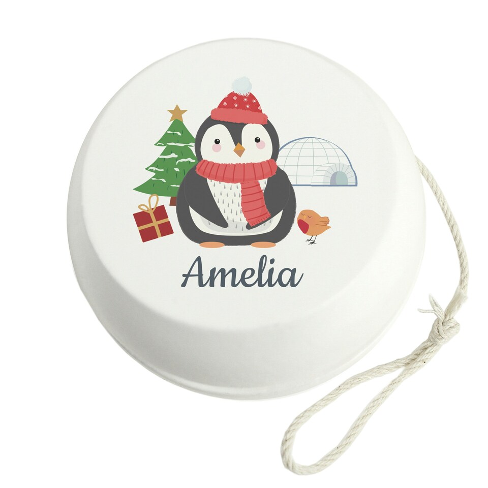 image 1 of Personalised Christmas Penguin White Wooden Yoyo