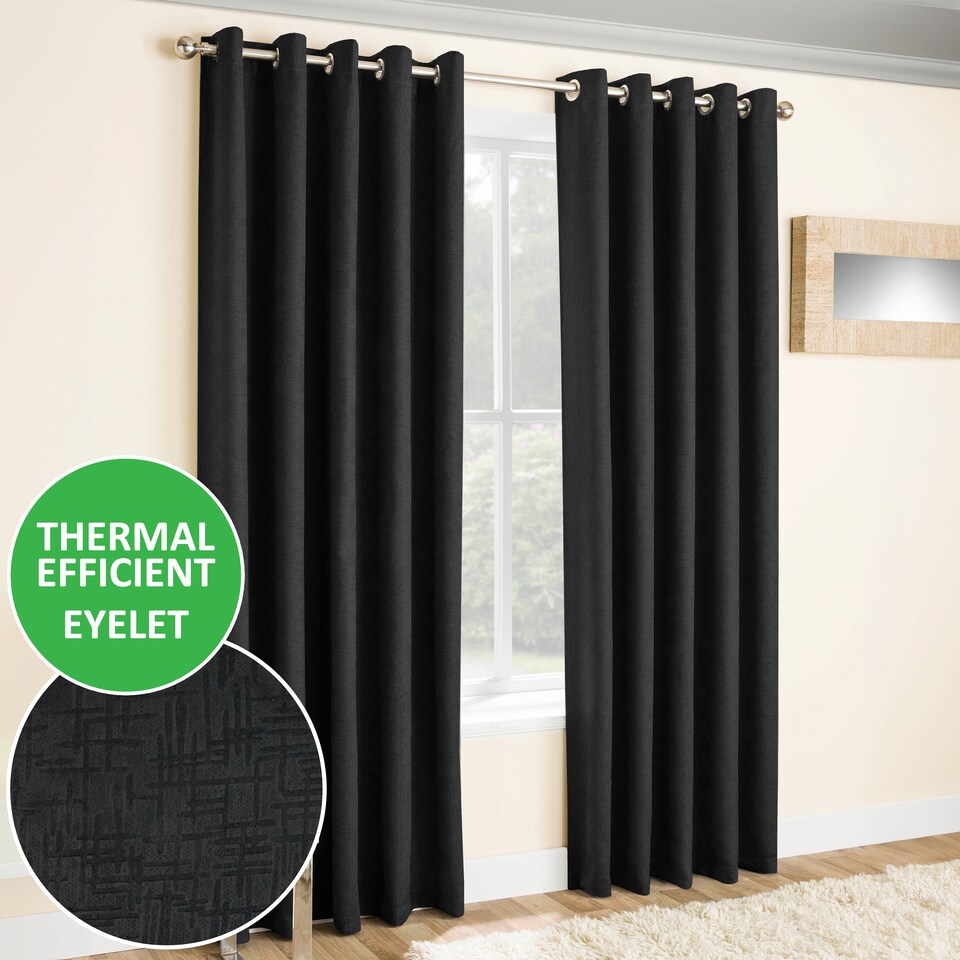 image 1 of Enhanced Living Vogue Black 46 x 54 inch (117x137cm) Eyelet Thermal Noise reducing Dim Out Curtains (PAIR)