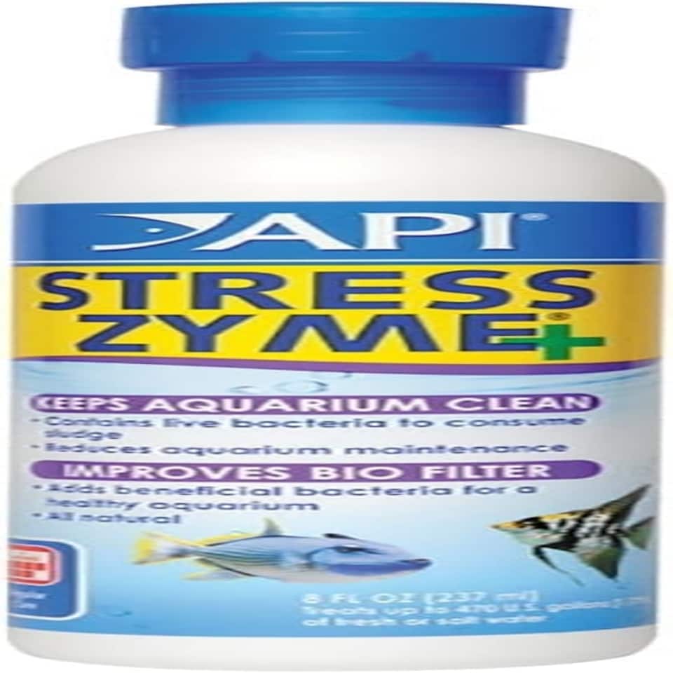 image 1 of API Stress Zyme Freshwater and Saltwater Aquarium Cleaning Solution Bottle Blues & Purples 237ml