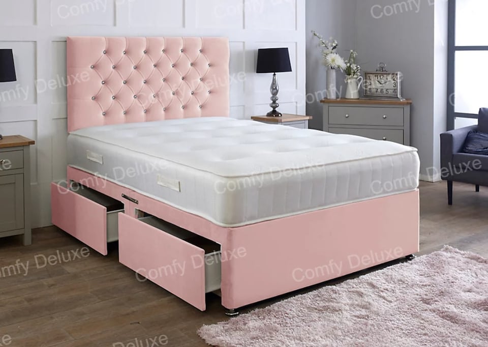 4ft Small Double Pink Plush Velvet Divan Bed With Headboard & Memory Sprung Mattress 2 Drawers Same Side