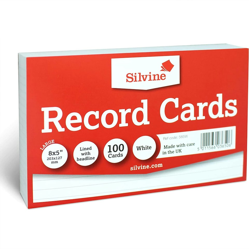 image 1 of Pack of 100 Ruled White Record Cards 8x5" (203 x 127mm)