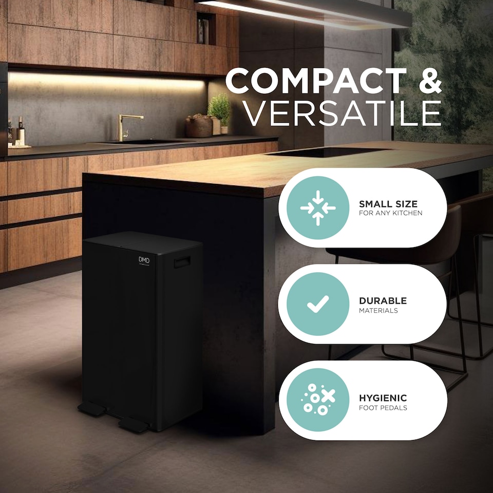 image 1 of 60L Stainless Steel Rubbish Bin, 2 x 30L Removable Recycling Bins & 3L Compost Bin Included