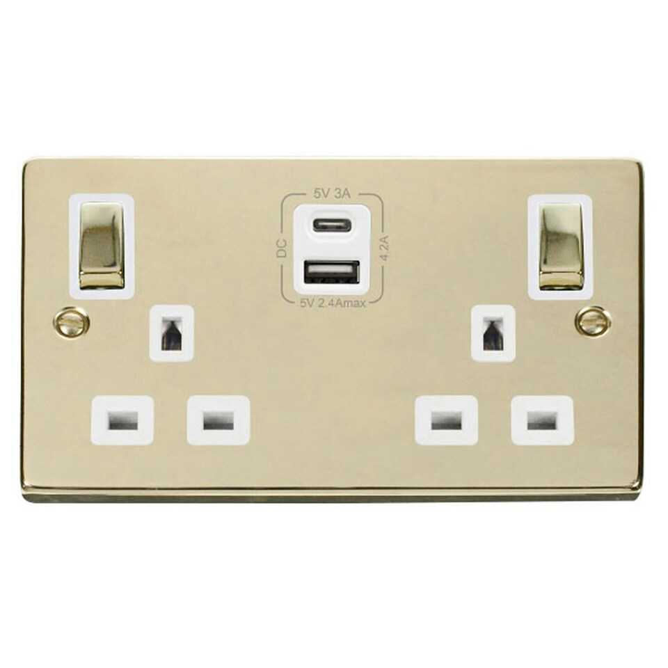 image 1 of SE HOME Polished Brass 2 Gang 13A DP Ingot Type A & C USB Twin Double Switched Plug Socket White | Polished Brass