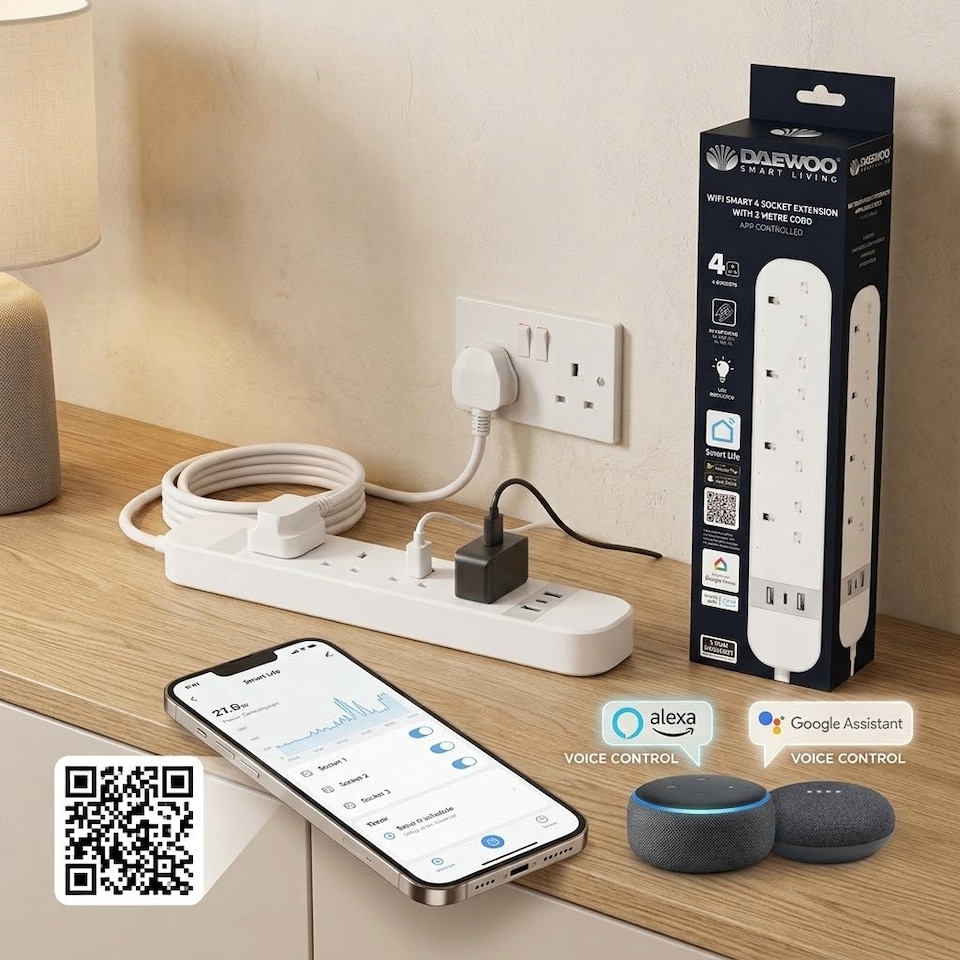 image 1 of Daewoo Smart WiFi Extension Lead Power Strip with USB Plug 4 Way Socket Energy Monitor Alexa & Phone APP Control