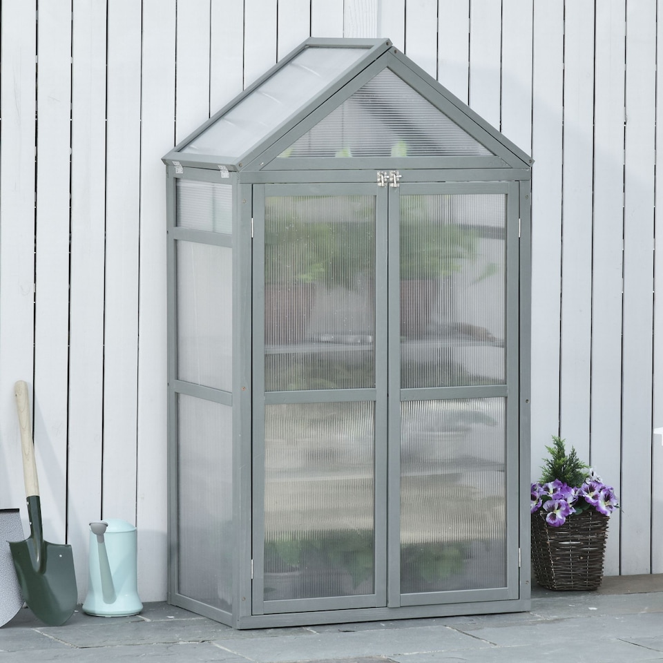 image 1 of Outsunny 80x47x138cm Wood Cold Frame Greenhouse for Plants PC Board Grey | Grey