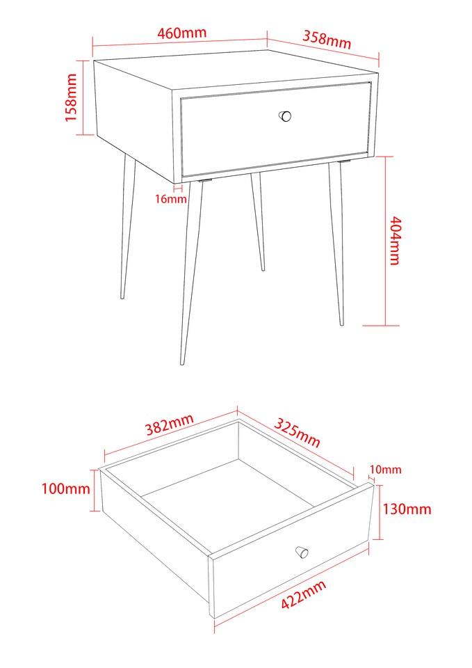 image 1 of Options Saturn 1 Drawer Metal Bedside Cabinet - Painted Finish with Metal Handle and Mid-Century Tapered Legs
