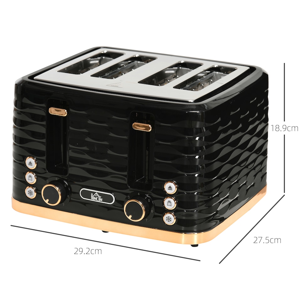 image 1 of HOMCOM 4 Slice Toaster with 7 Browning Levels, High Lift, ReheatDefrostCancel, Self-centring Function, Removable Crumb Tray, Auto Off, 1600W, Black Water Ripple Texture | Black | Rose gold accents