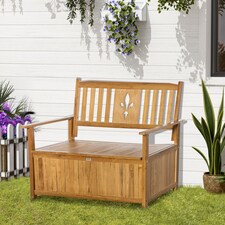Outsunny 2 Seater Garden Storage Bench, 164L Outdoor Storage Box with Backrest Flower Pattern, Wooden Garden Bench with Armrests, 125 x 68.5 x 97cm, Natural
