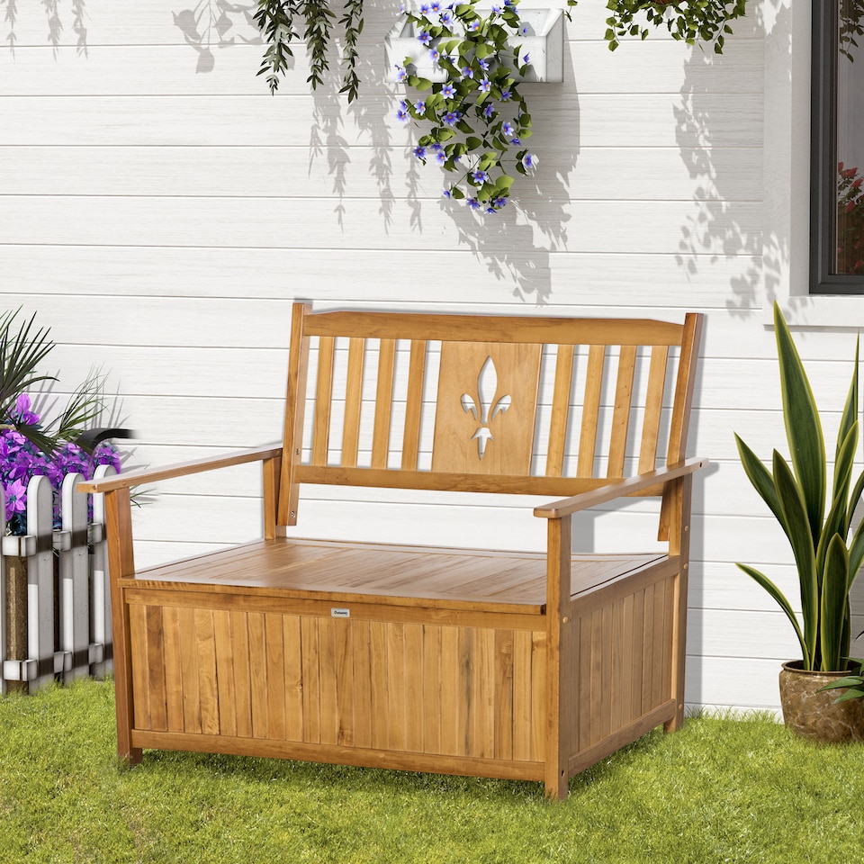 image 1 of Outsunny 2 Seater Garden Storage Bench, 164L Outdoor Storage Box with Backrest Flower Pattern, Wooden Garden Bench with Armrests, 125 x 68.5 x 97cm, Natural