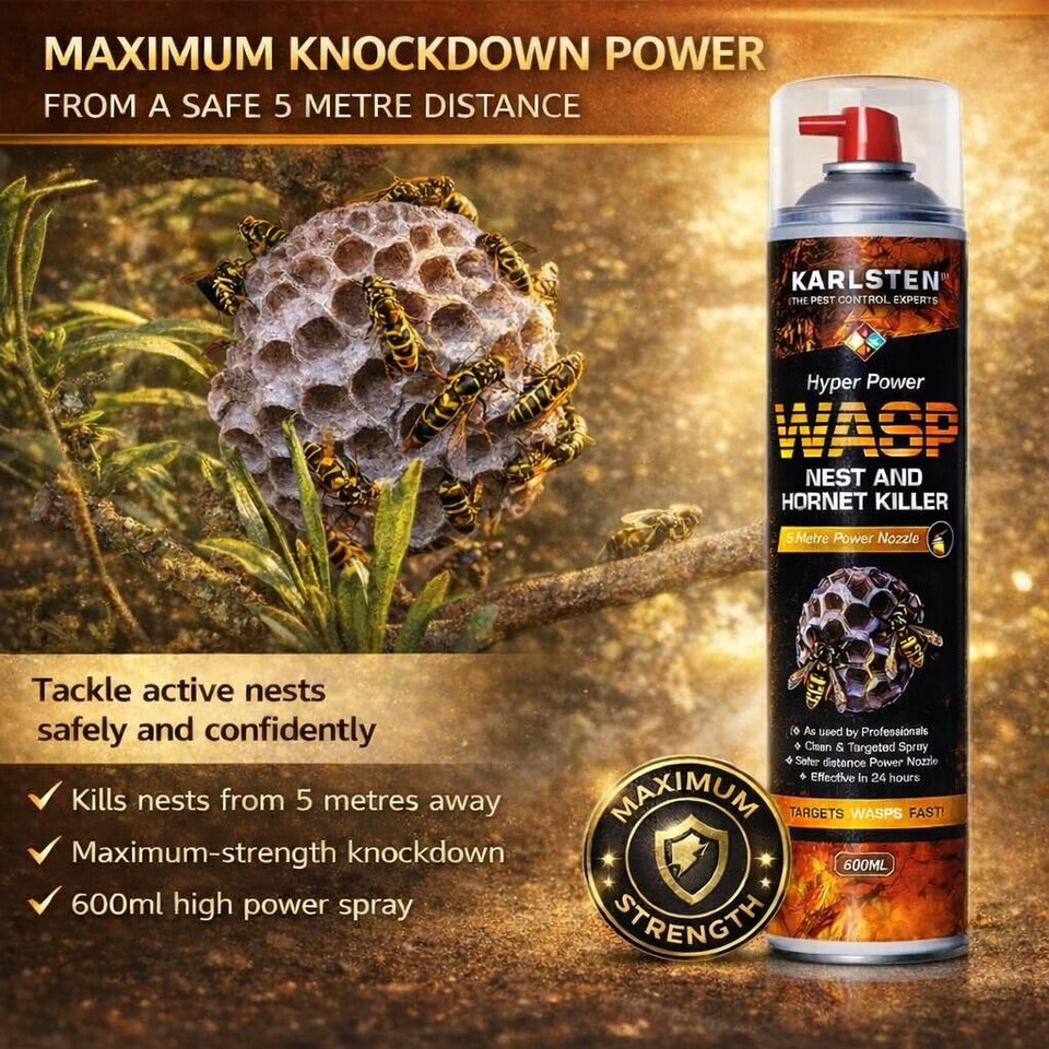 image 1 of Karlsten Hyper Power Wasp Nest & Hornet Killer Spray - 600ml High Strength Long Range 5 Metre Spray for Indoor and Outdoor