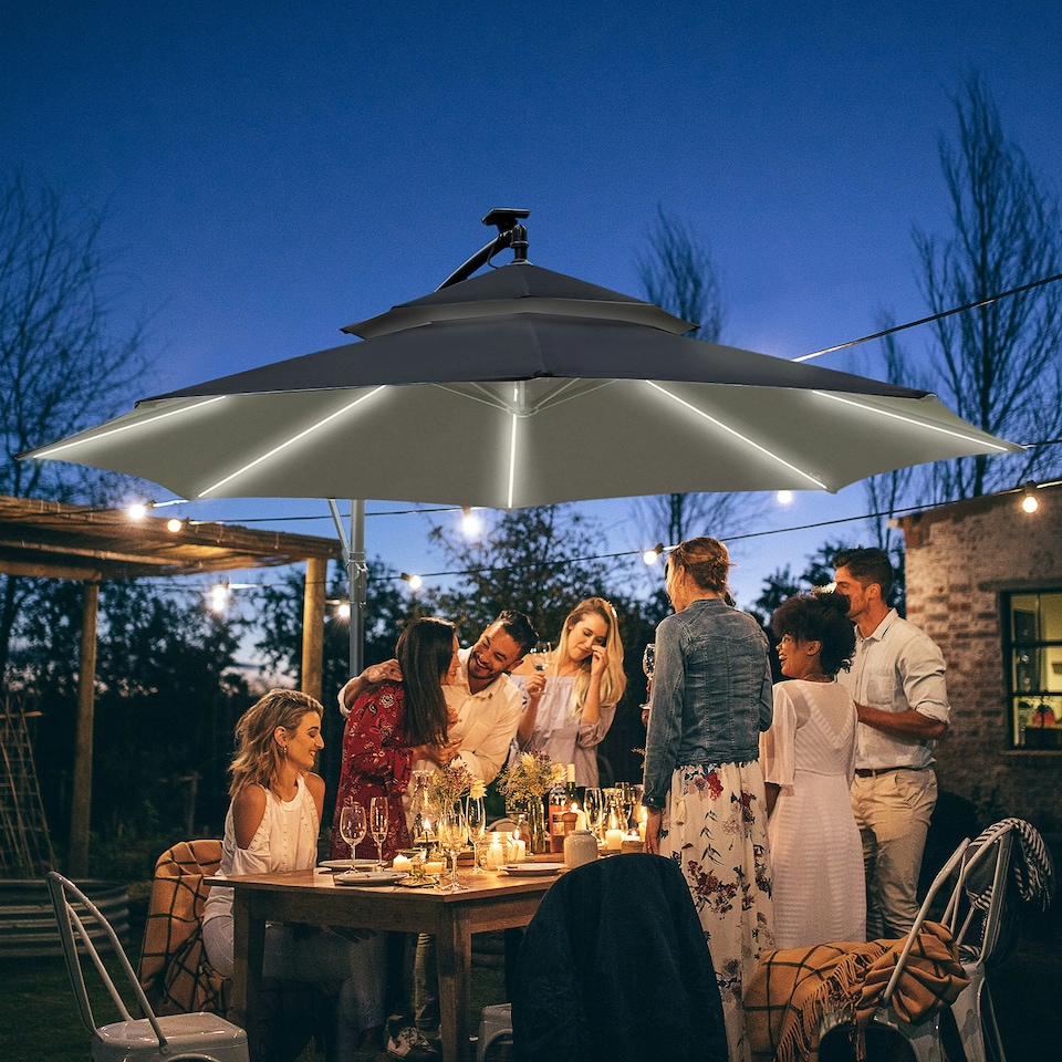 image 1 of Outsunny 3(m) Cantilever Parasol Hanging Banana Umbrella w/ lights, Black