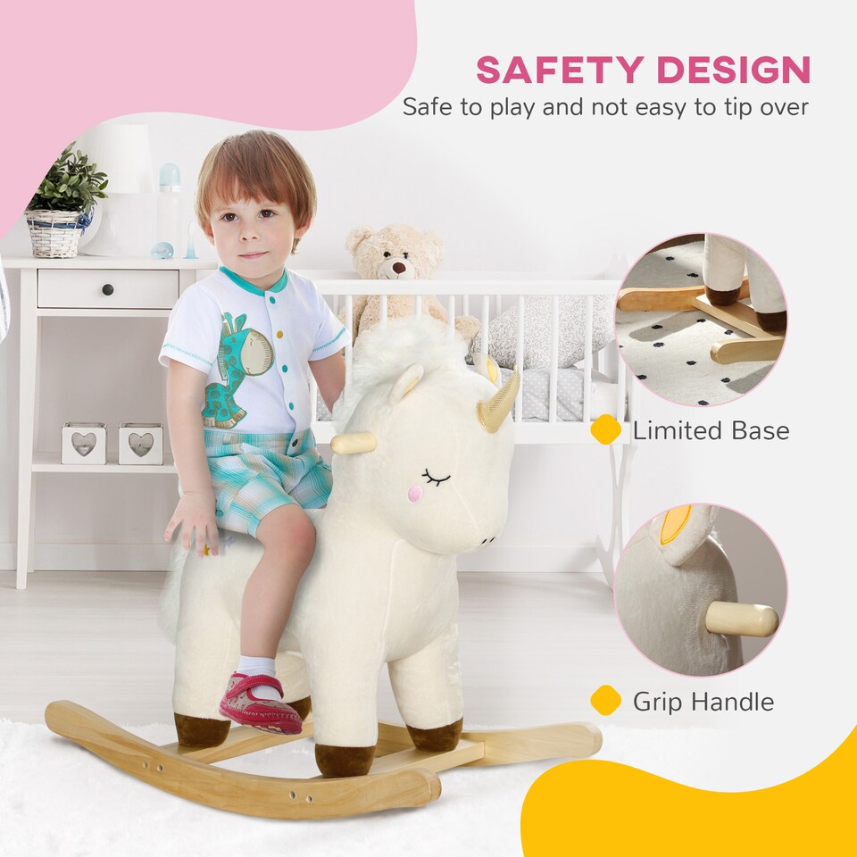 image 1 of AIYAPLAY Rocking Horse, Kids Ride On Horse with Unicorn Design, Sounds, Plush Ride On Toy for Ages 2-4 Years, White