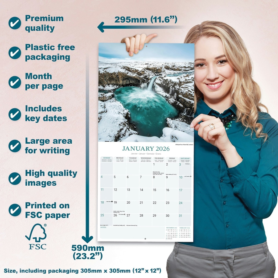image 1 of Waterfalls 2026 Calendar | Square Wall Calendar | Travel & Nature Gift | Plastic Free Packaging | by Avonside Publishing