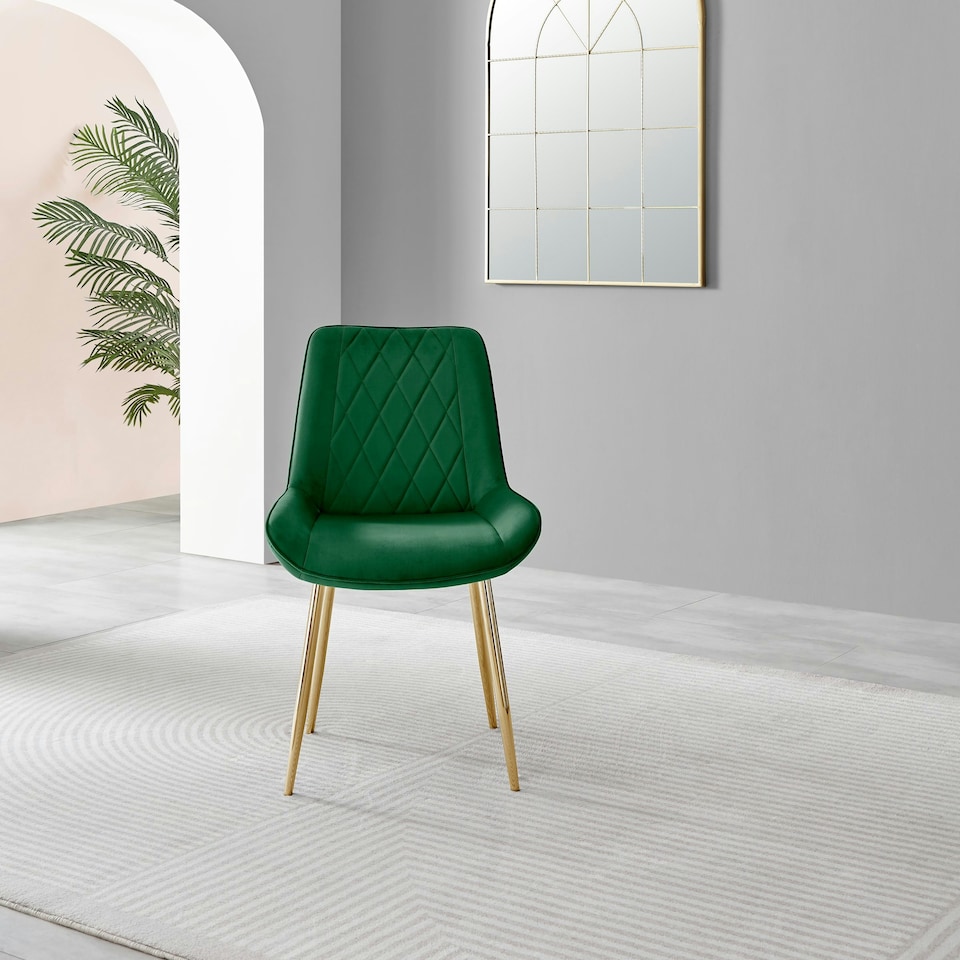 image 1 of Furniturebox 2x Pesaro Green Velvet Gold Leg Luxury Dining Chairs