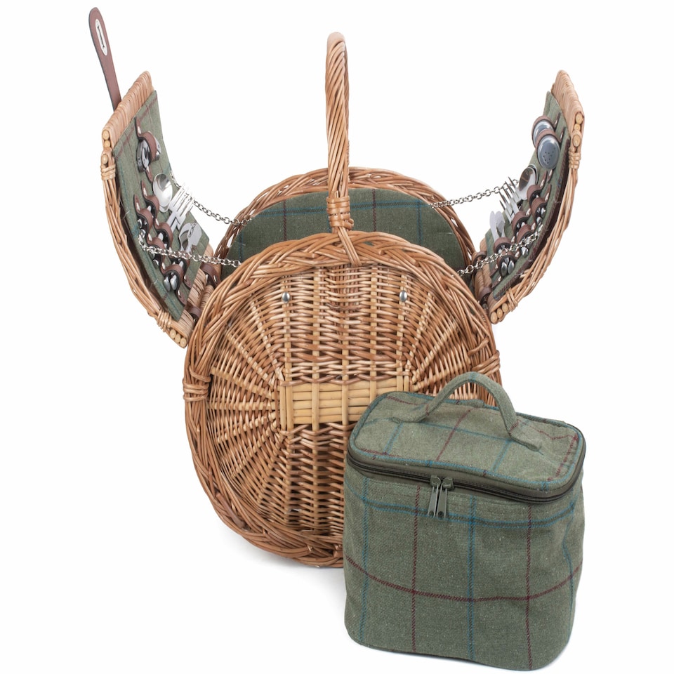 image 1 of Oval 4 Person Green Tweed Picnic Basket