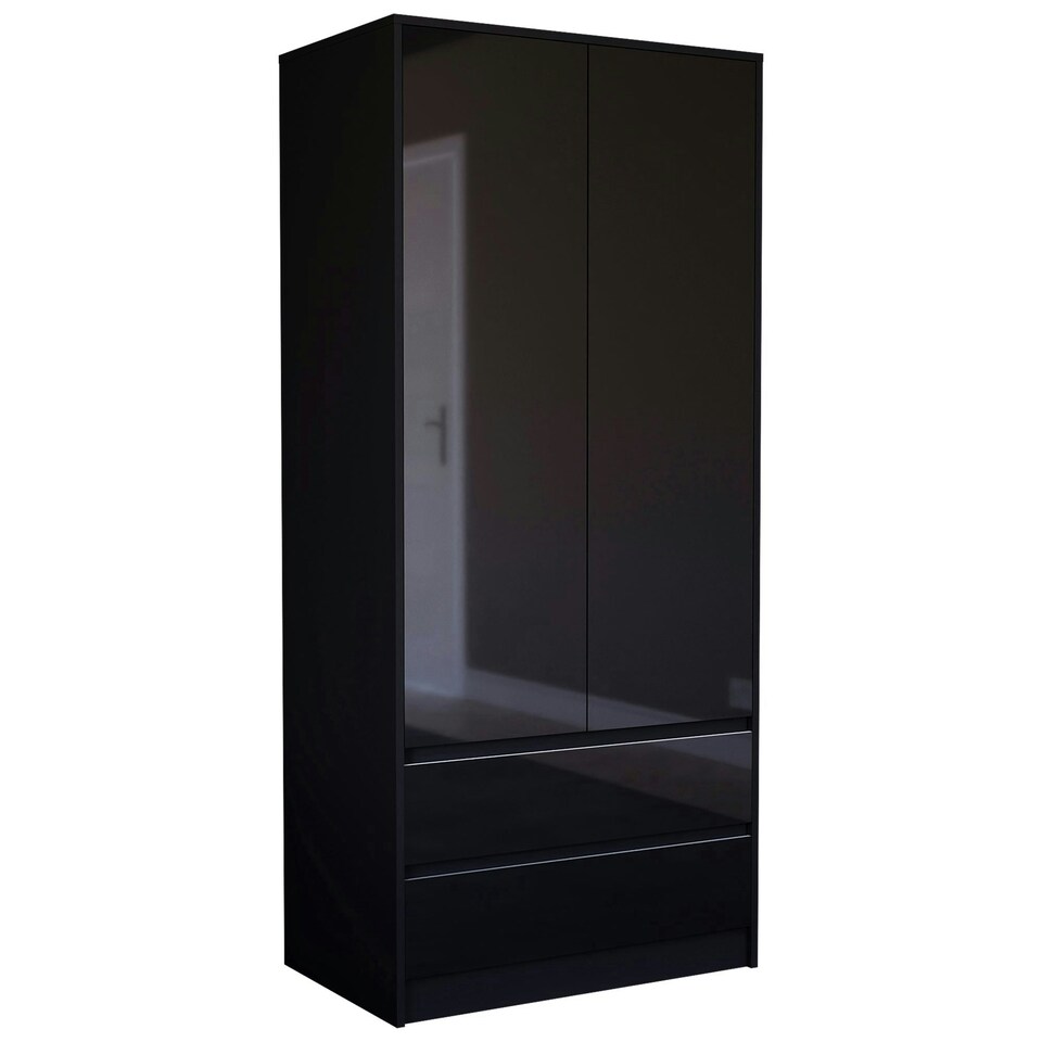 image 1 of Vida Designs Glinton 2 Door 2 Drawer Wardrobe High Gloss Doors With Shelf & Clothes Rail, 100% FSC, Black