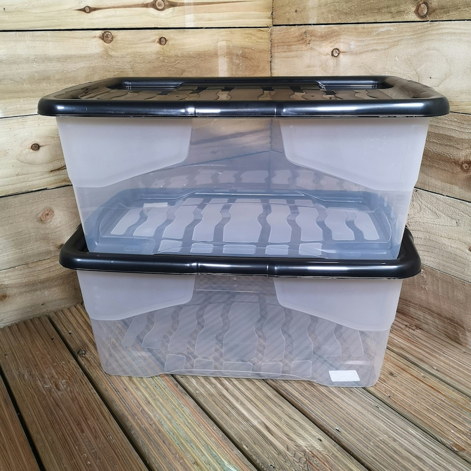 image 1 of 2 x 42L Clear Storage Box with Black Lid, Stackable and Nestable Design Storage Solution