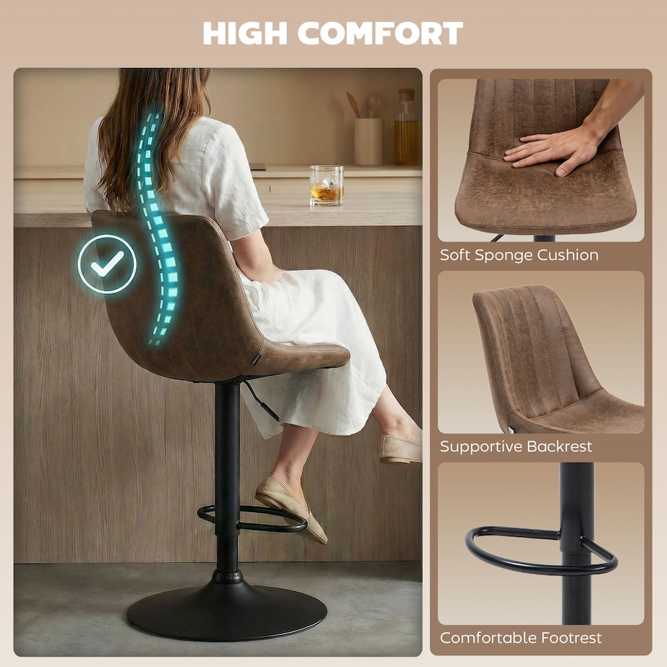 image 1 of HOMCOM Bar Stools Set of 2 Adjustable Swivel Bar Chairs with Backrest Brown