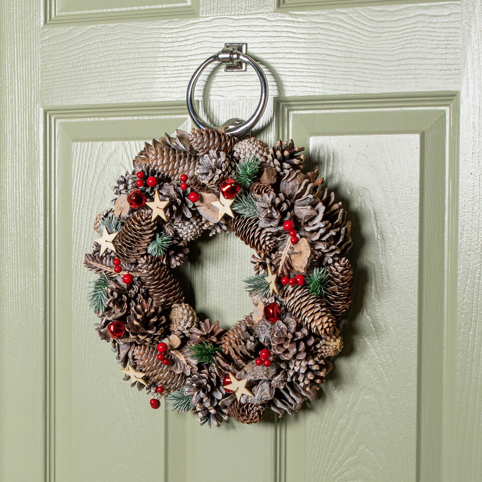 image 1 of 36cm Frosted Hanging Christmas Wreath with Red Jingle Bells & Wooden Stars