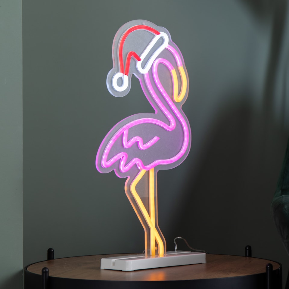 image 1 of 43cm Light up Neon Effect Flamingo with Santa Hat on Base with Multi-Coloured LEDs