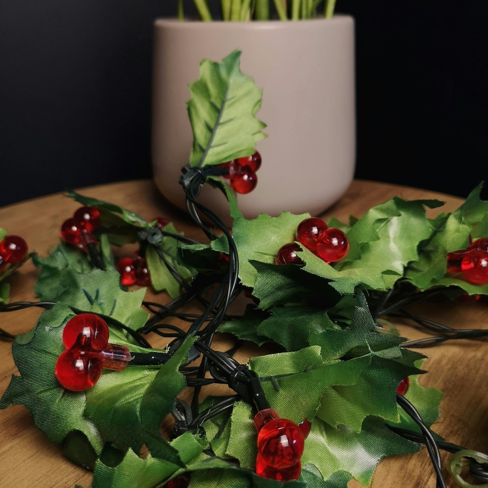 image 1 of Premier 2.8m Holly Garland with Red Berries and 40 Red Leds