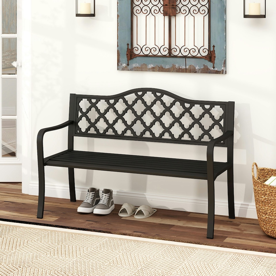 image 1 of COSTWAY 128CM Patio Bench Slatted Metal Garden Loveseat Black