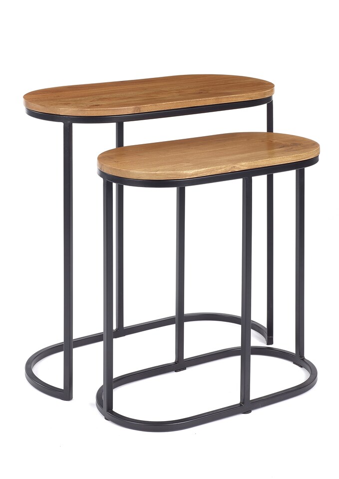 image 1 of Wooden Dark Brown Black Metal Oval Nest Of Two 2 Tables End Side Lamp H61 x W62 x D32cm