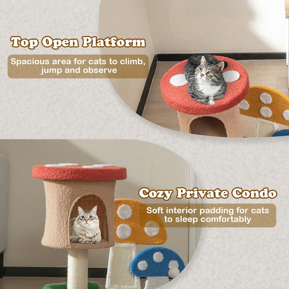 image 1 of COSTWAY Mushroom Cat Tree 4-In-1 Wooden Cat Activity Center
