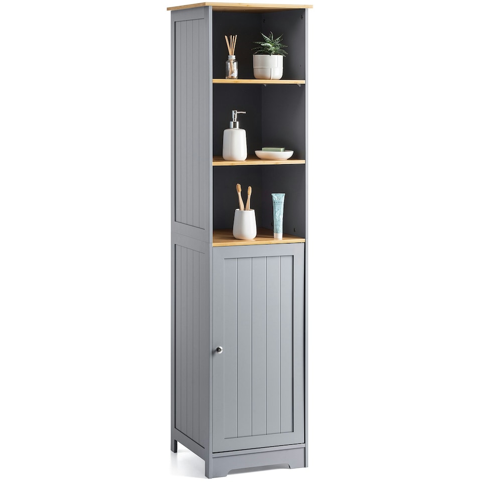 image 1 of Christow Bathroom Shelf Cabinet Grey Bamboo Freestanding Tallboy Storage Unit